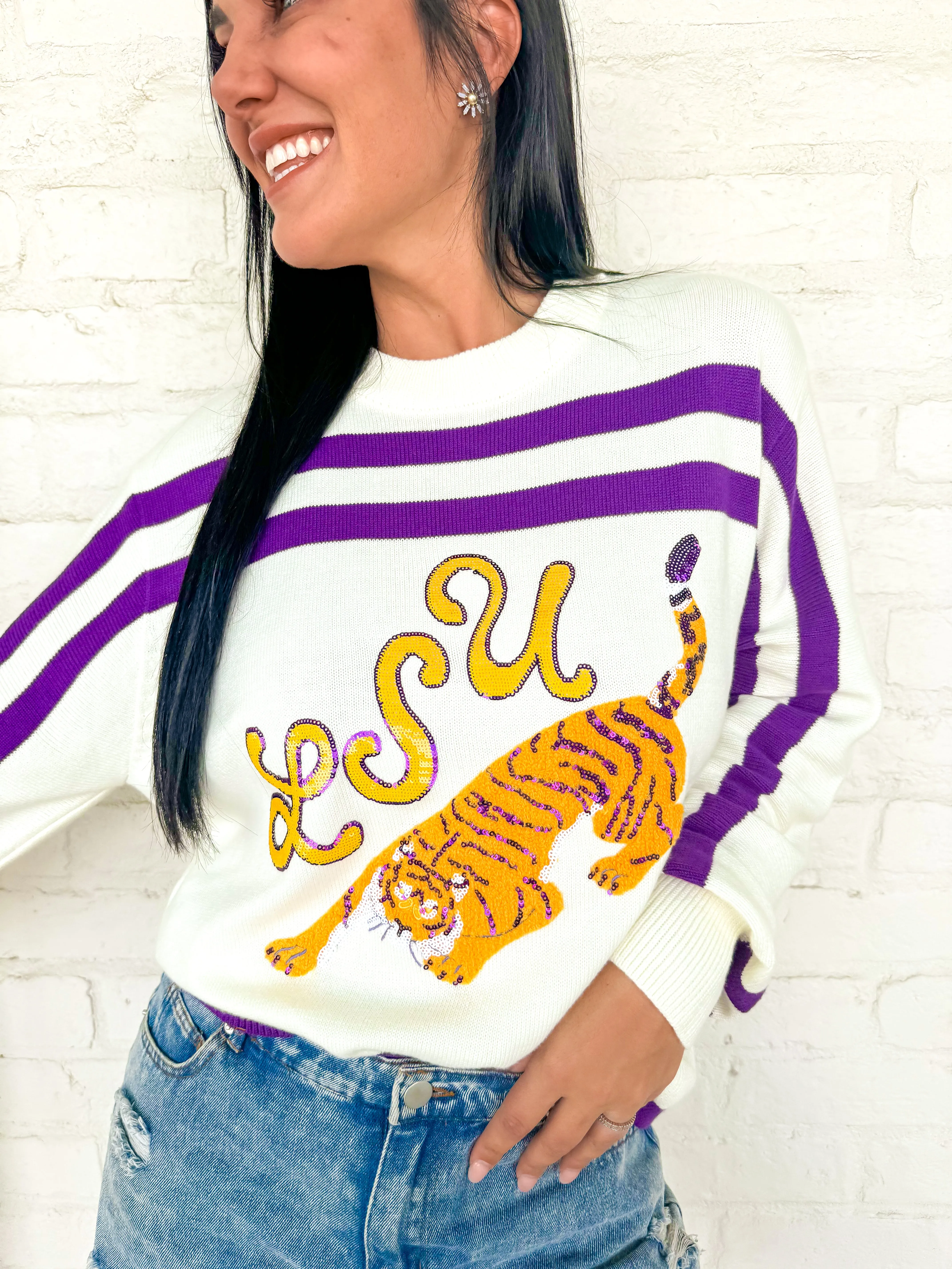 Queen Of Sparkles Purple & Gold LSU Tiger Striped Long Sleeve Sweater