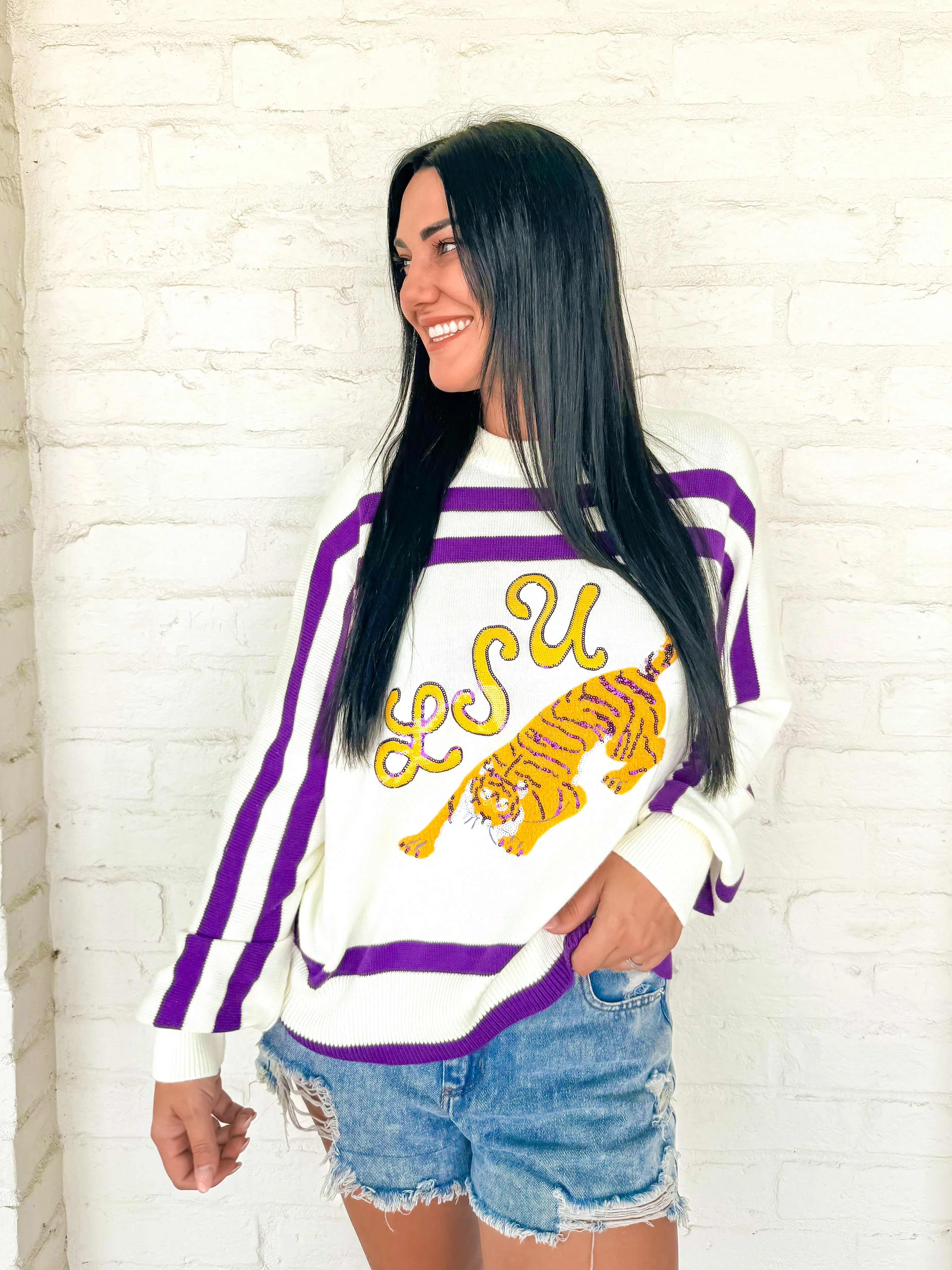 Queen Of Sparkles Purple & Gold LSU Tiger Striped Long Sleeve Sweater