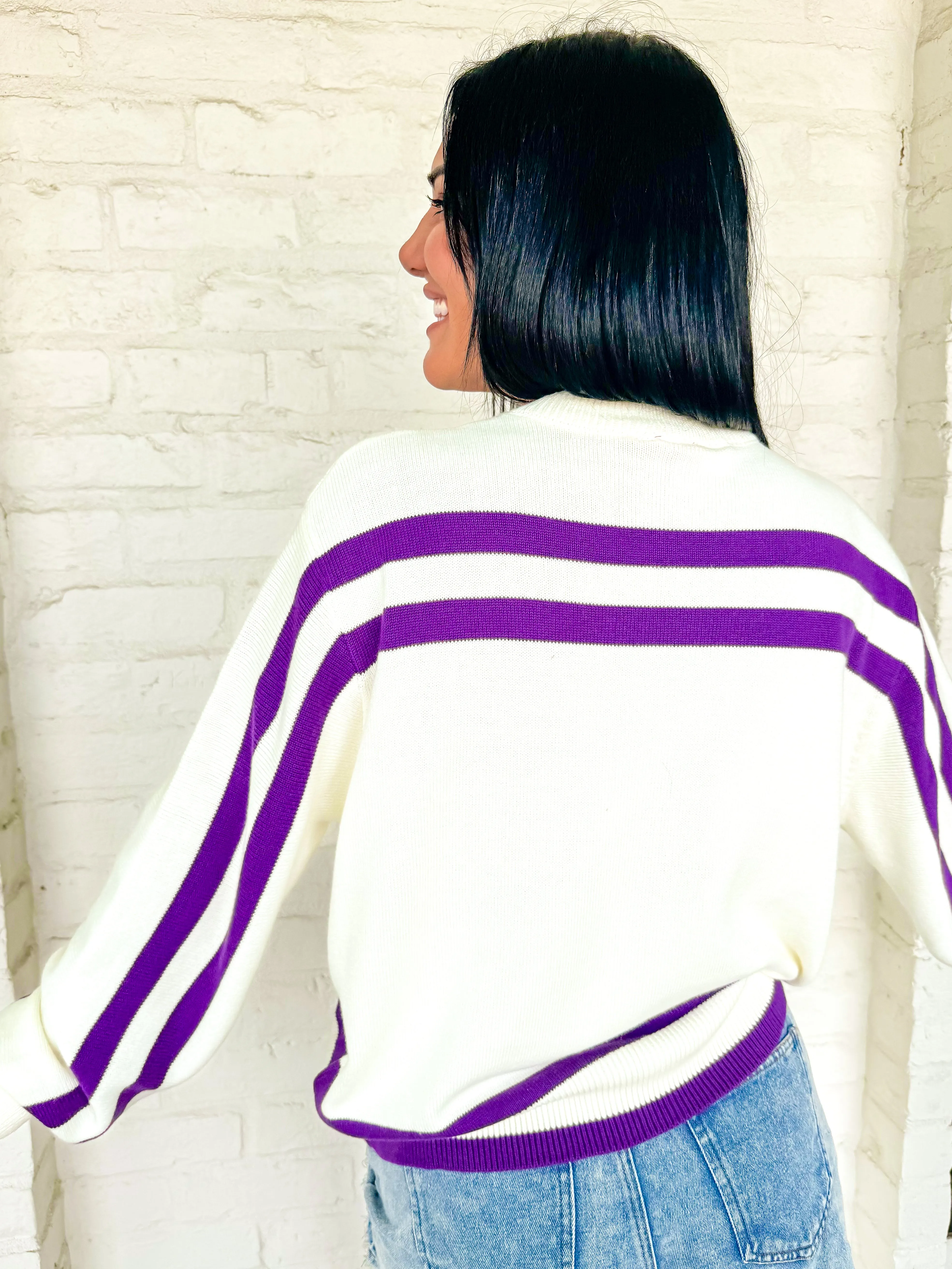 Queen Of Sparkles Purple & Gold LSU Tiger Striped Long Sleeve Sweater