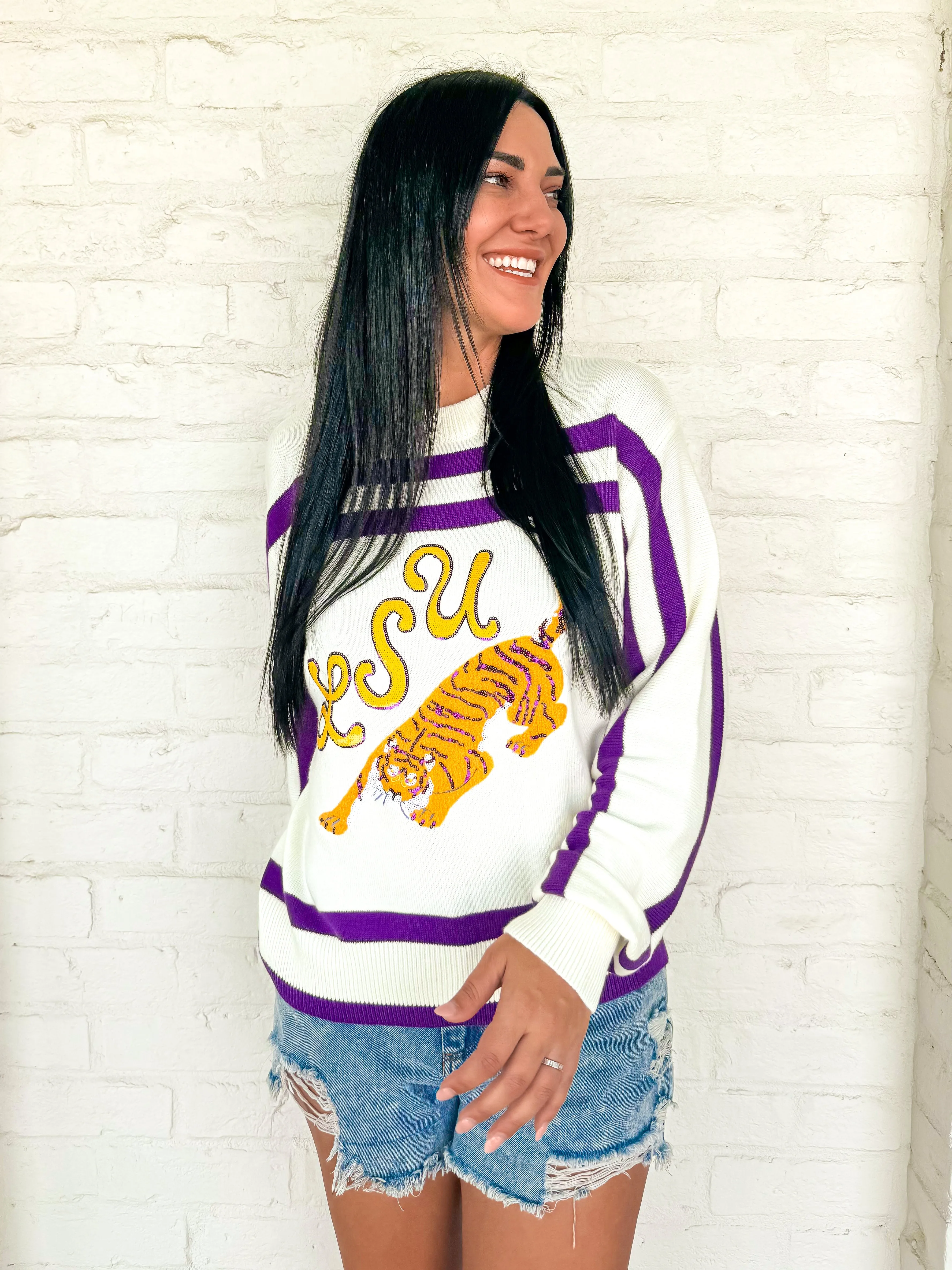 Queen Of Sparkles Purple & Gold LSU Tiger Striped Long Sleeve Sweater