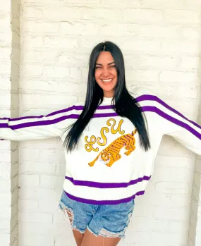 Queen Of Sparkles Purple & Gold LSU Tiger Striped Long Sleeve Sweater