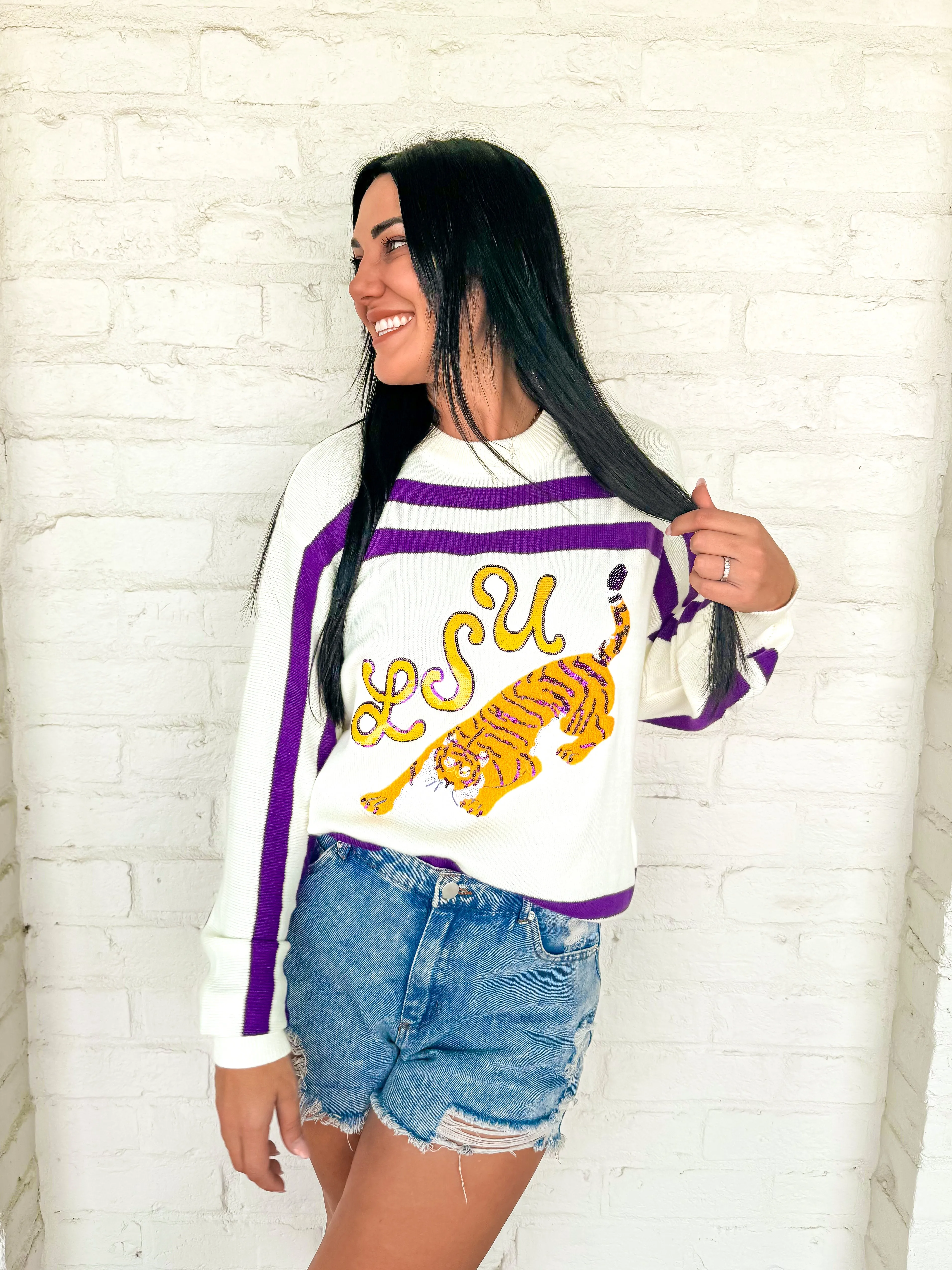 Queen Of Sparkles Purple & Gold LSU Tiger Striped Long Sleeve Sweater