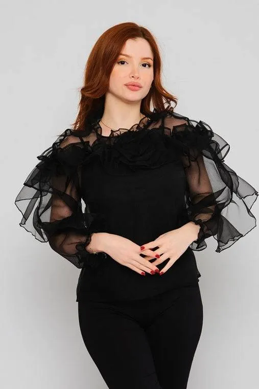 Ruffled Chiffon blouse 2pcs - Black