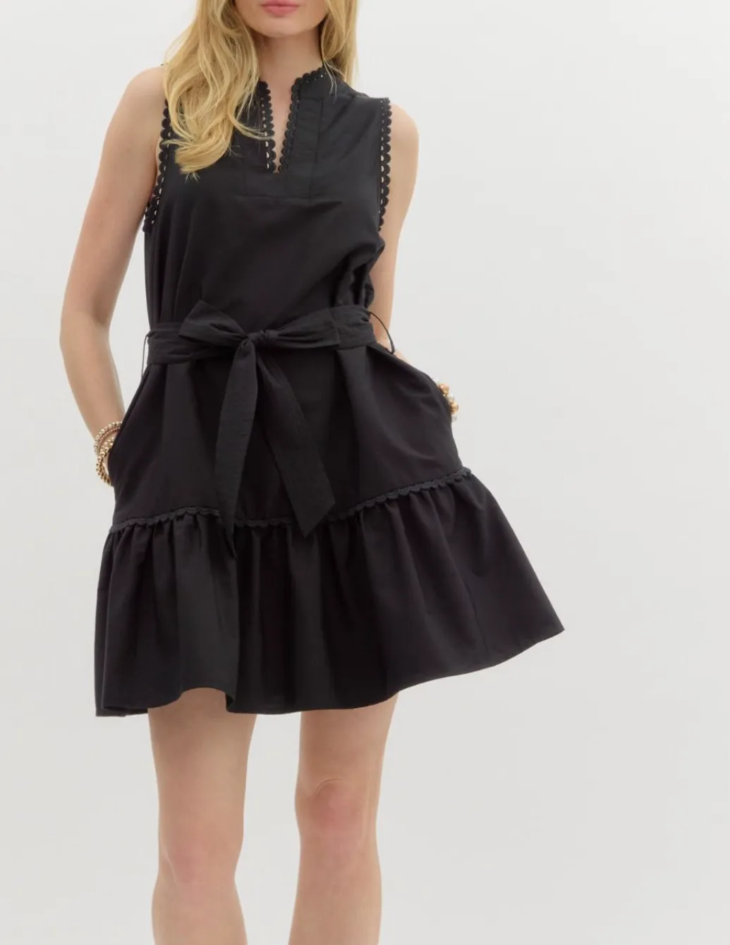 Solid V-Neck Band Collar Sleeveless Pullover Mini Dress
