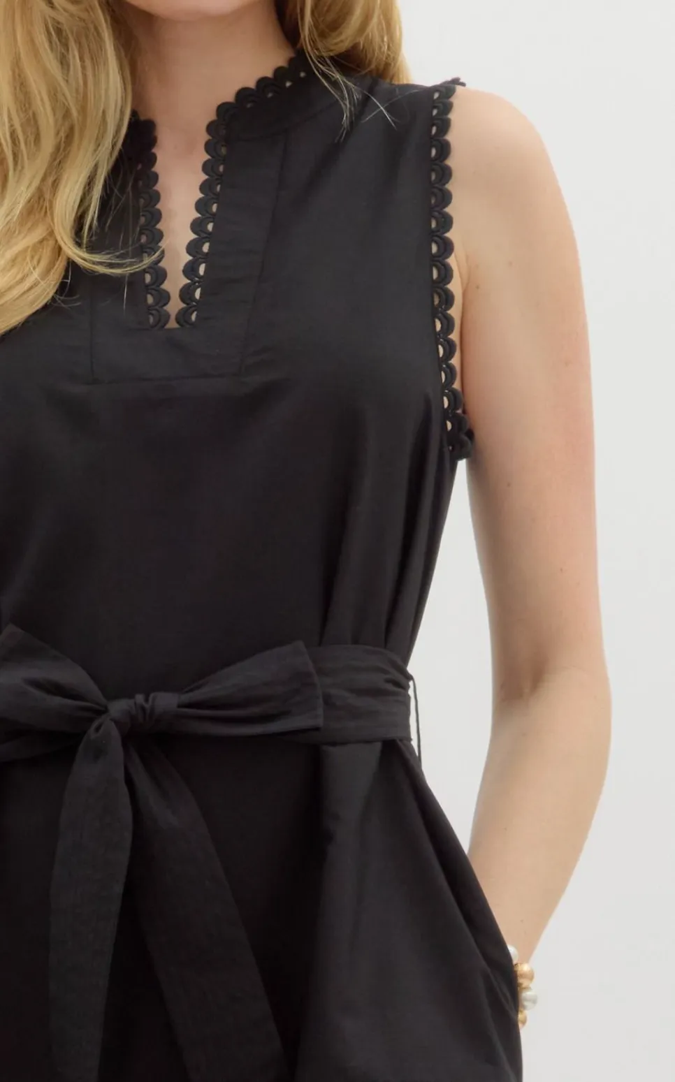 Solid V-Neck Band Collar Sleeveless Pullover Mini Dress