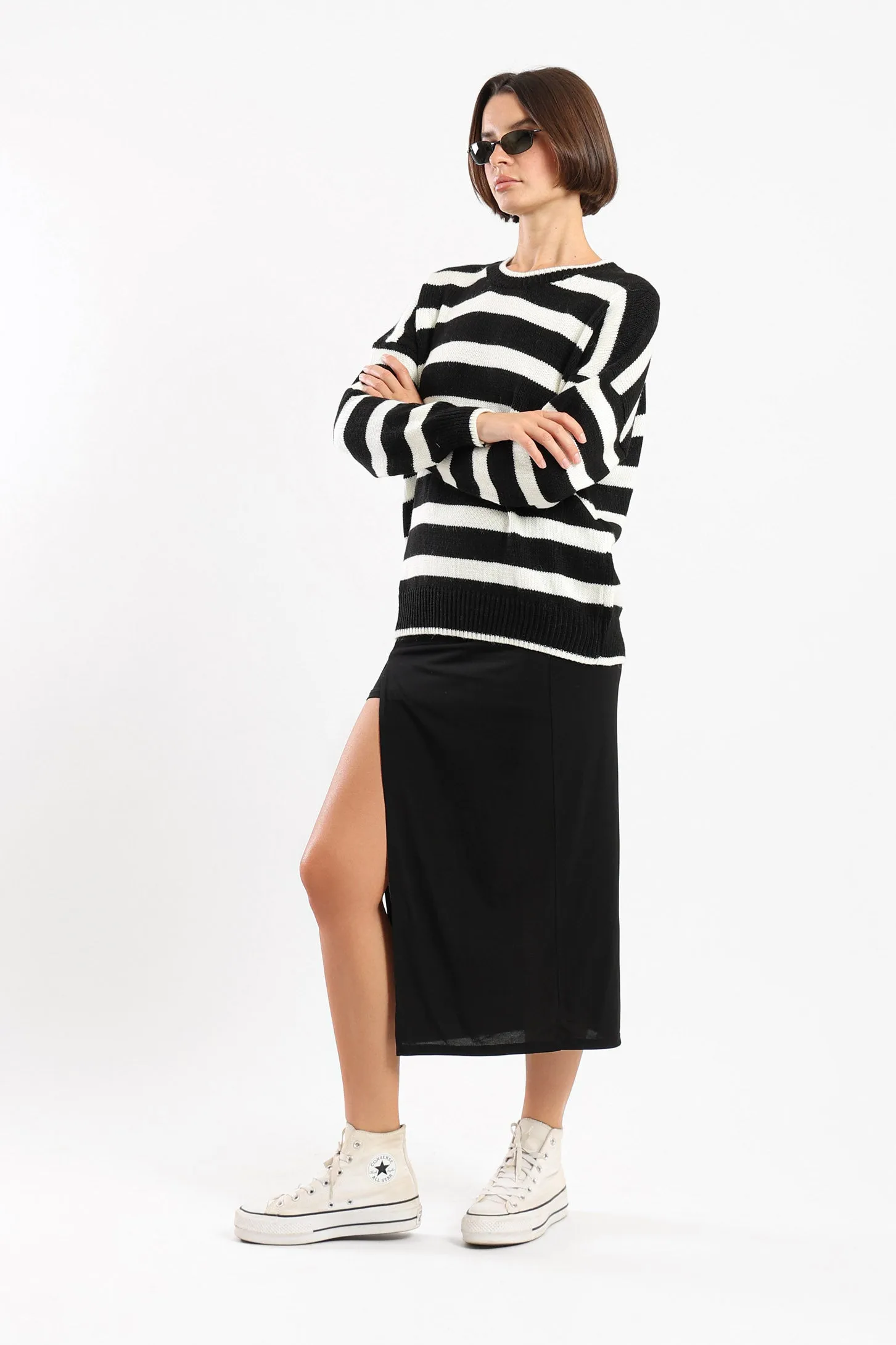 STRIPED KNIT SWEATER - BLACK