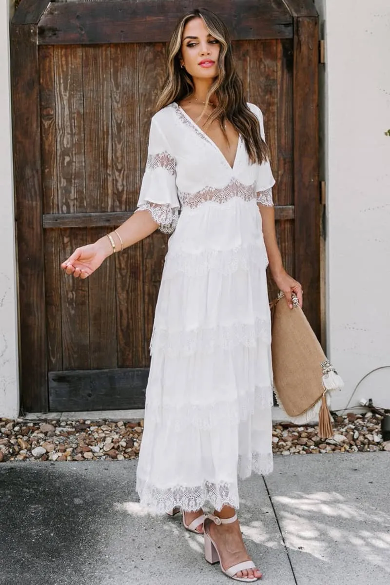 Tulle deep V pullover lace dress