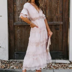Tulle deep V pullover lace dress