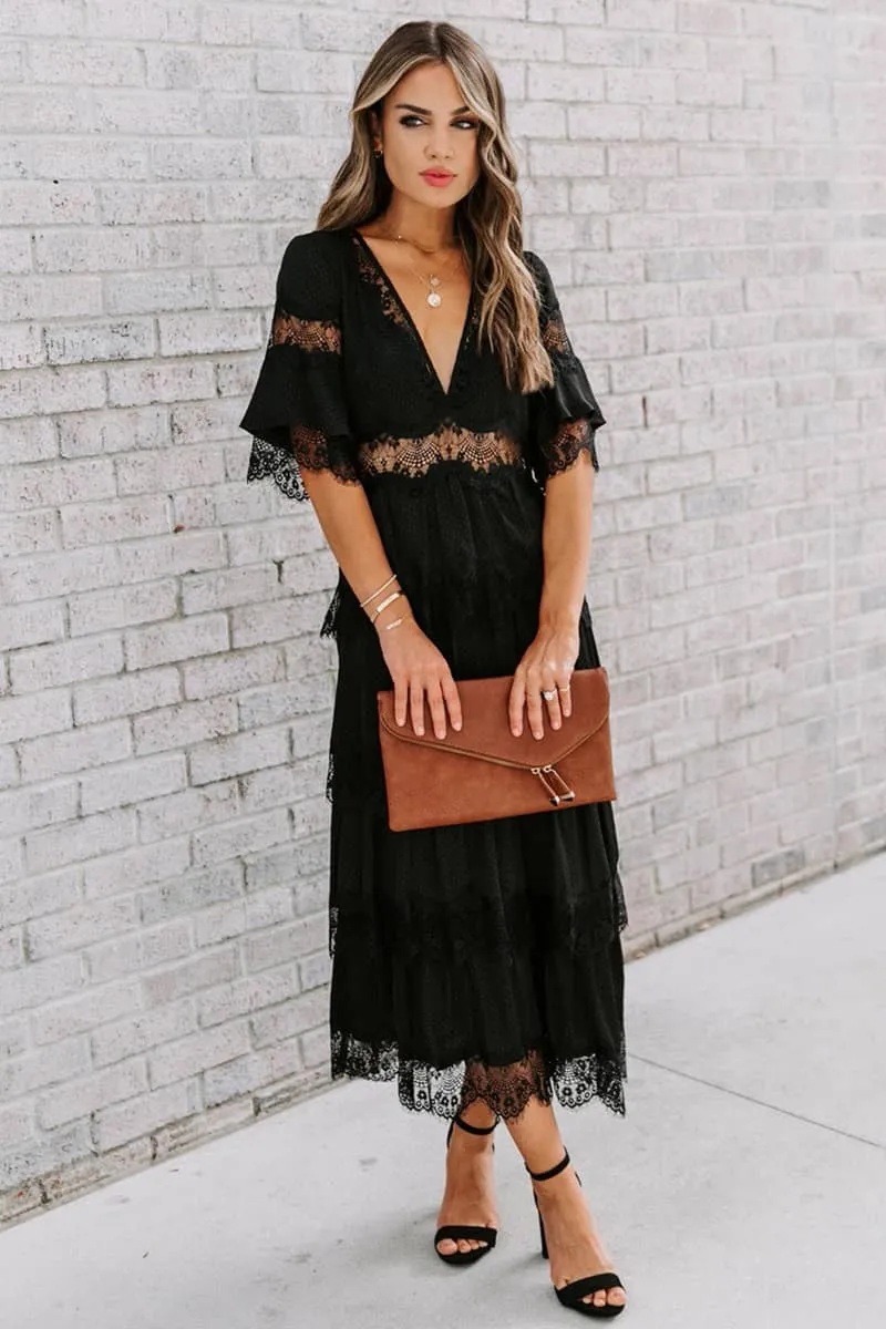 Tulle deep V pullover lace dress