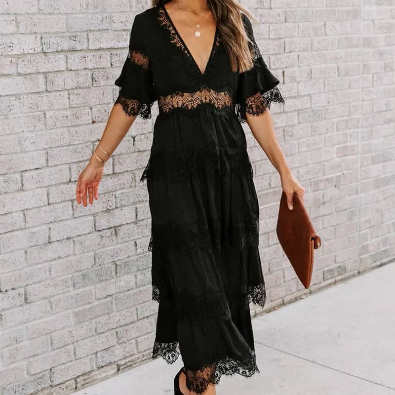 Tulle deep V pullover lace dress