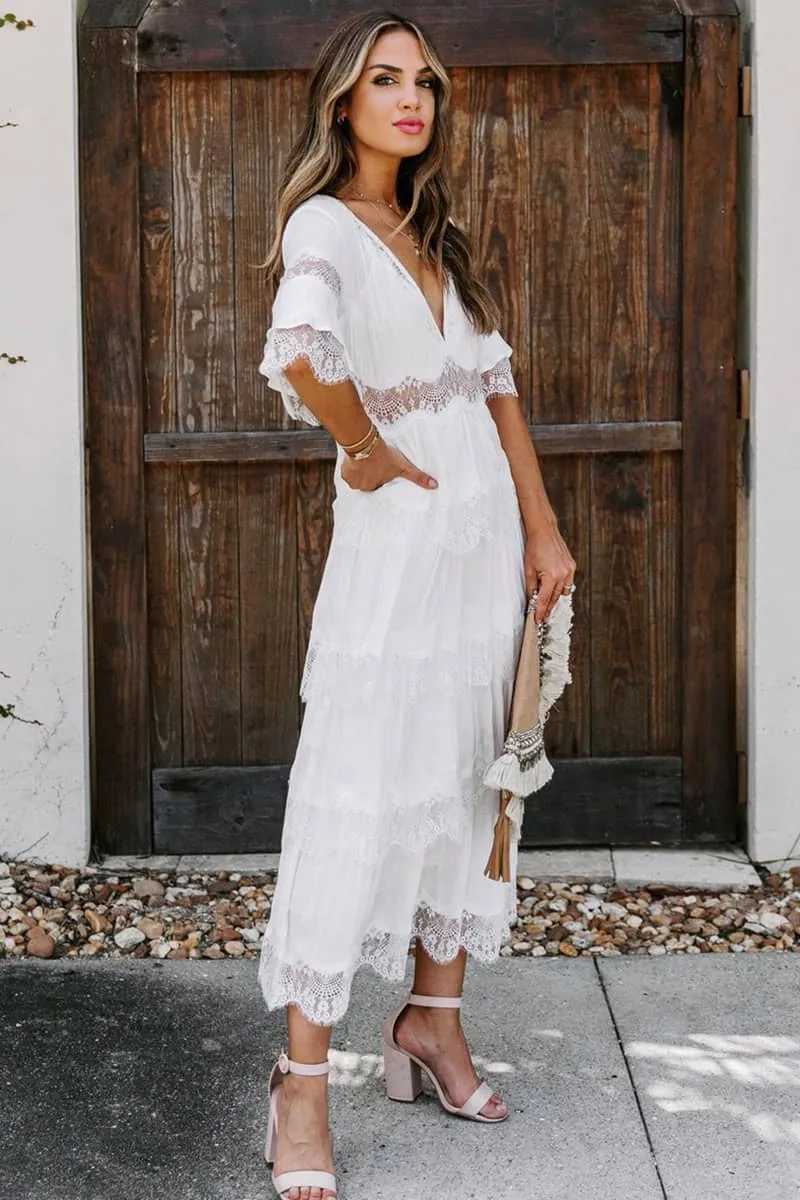 Tulle deep V pullover lace dress