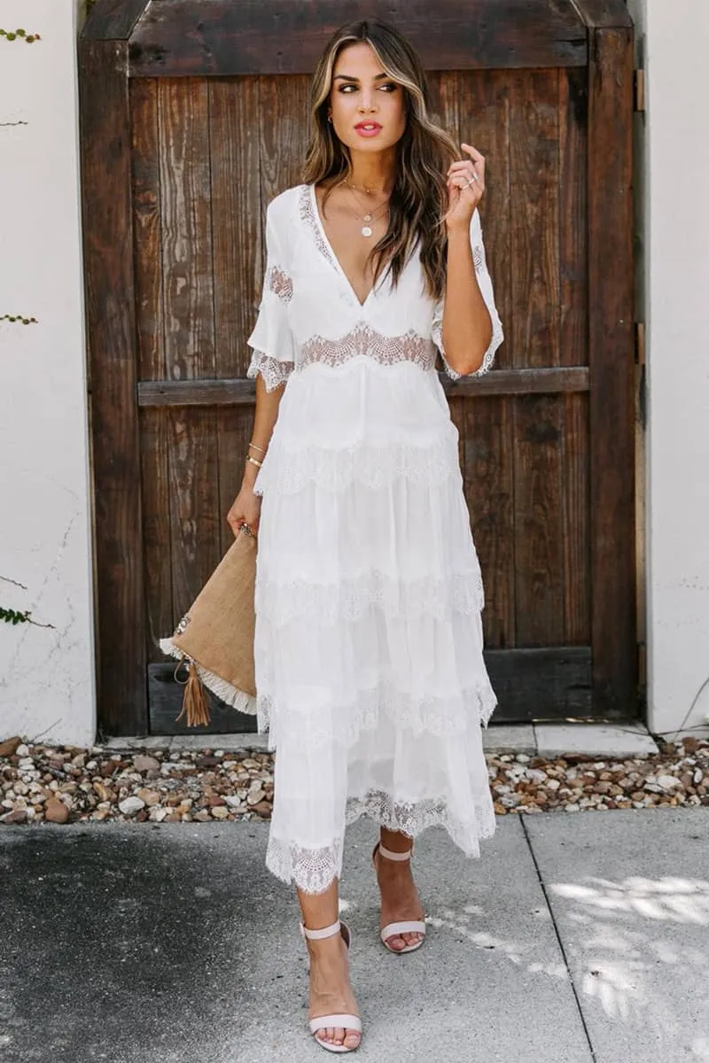 Tulle deep V pullover lace dress